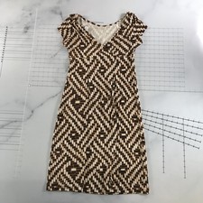 Diane Von Furstenberg Sheath Dress Womens 6 Brown Silk Jersey Geometric V Neck