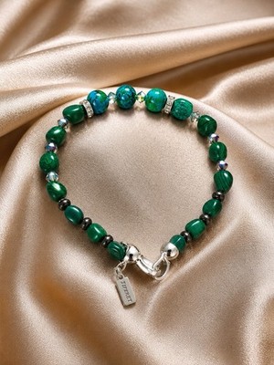 Natürliches Malachit & Chrysokoll Armband mit Swarovski Kristallen versilbert