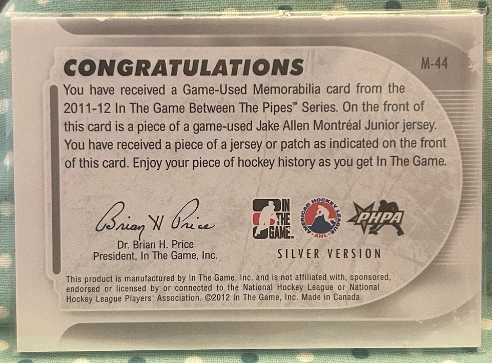 JAKE ALLEN 2011-12 In The Game Between The Pipes Game-Used Jersey Relic - Image 2 of 2
