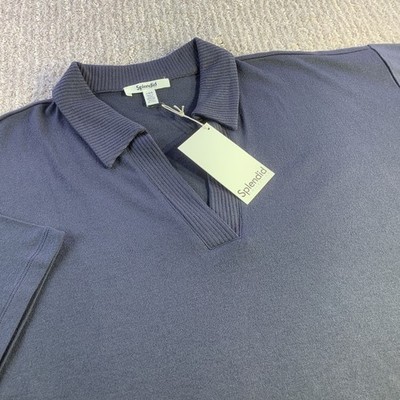 Splendid Collection Womens Cropped Blue Collared Pullover Top Size L NWT