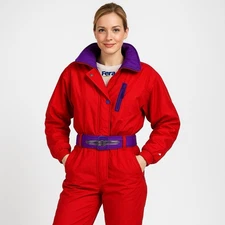 90s Fera One Piece Ski Suit Womens 10 Apres Snow Belted Bib Snowsuit Retro Vtg