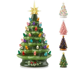 12" Pre-Lit Ceramic Christmas Tree Hand-Painted Tabletop with Lights
