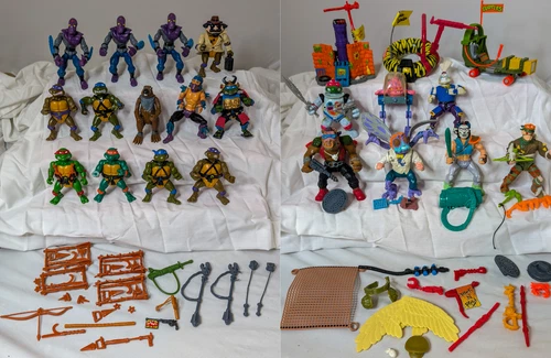 Vintage TMNT Lot 1988–1991 (20) Figures + (3) Vehicles + Accessories + (3) Cases