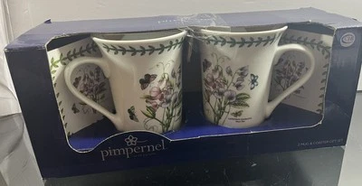 Pair Portmeirion Pimpernel Botanic Garden Floral Mug w Matching Coaster Sets
