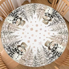 Winter Snowman Round Fitted Tablecloth with Elastic Edge Xmas Tree and Snowfl...