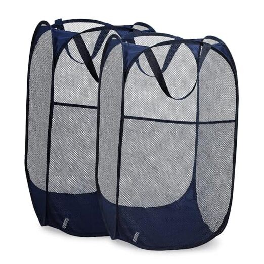 Collapsible Mesh Pop Up Hamper with Wide Opening and Side Pocket  Blue, 2-PACK