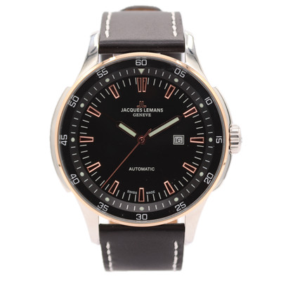 NOS 50mm Jacques Lemans Geneve G-229C Black Dial Date Automatic Two Tone Swiss