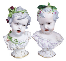 PAIR Antique GERMAN 19th C MEISSEN Dresden French Samson PORCELAIN BUST Boy Girl