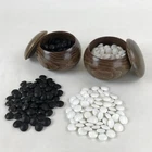 Japanese Go Stone Goishi Game Pieces Vtg Igo Brown Wooden Bowls Glass GO91