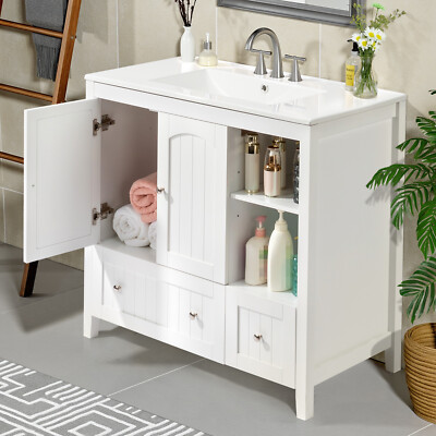 36 inch Bathroom Vanity without Sink Wood Storage Cabinet w/ 2 Doors & 2 Drawers