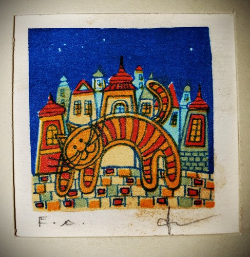 YOGA CAT Vintage Original PENCIL SIGNED MINIATURE Color ETCHING FRAMED 1