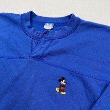 Vintage Mickey Mouse Henley Shirt Adult Large Blue Long Sleeve Made USA