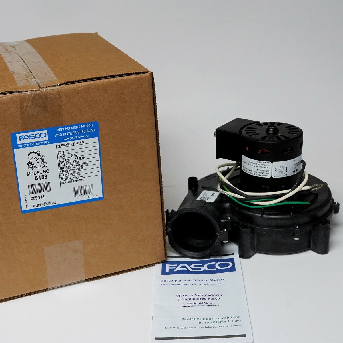 Fasco A158 Inducer Blower Motor for Amana 7062-2205 7062-3151 7062