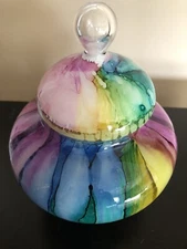 Vidi? Glass multicolored drip urn style compote/candy dish 9 1/4" 
