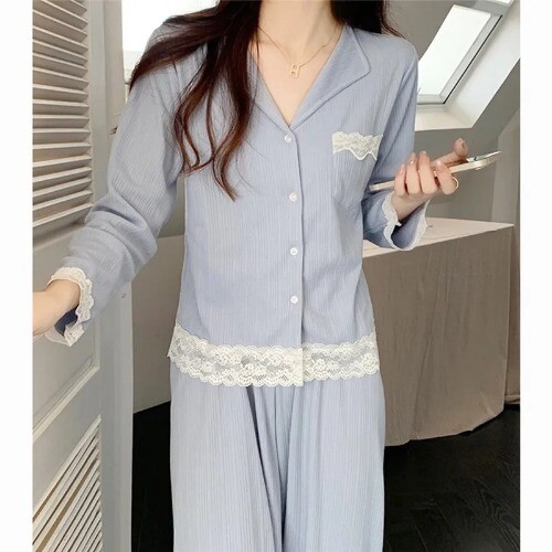 Neu Loungewear Pyjama Damen V-Ausschnitt Langarm Hose Set Spitze Baumwolle Nachtwäsche - Bild 6 von 20