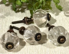 4; Vintage Glass Drawer Knobs Cabinet Door Pull w/ Gold-Bronze Metal Hardware