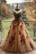 Vintage Wedding Dresses O-Neck Flowers Appliques Tulle Bridal Spaghetti strap