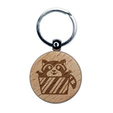 Raccoon Jumping Out Present Christmas Holiday Engraved Wood Round Keychain