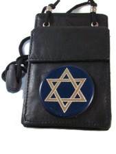 JEWISH STAR OF DAVID BLACK LEATHER ID / BADGE HOLDER POUCH with lanyard