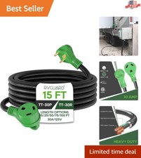 30 Amp RV Extension Cord - Heavy Duty 15ft Cord with LED Power Indicator - Green