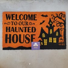 Halloween Welcome To Our Haunted House Outdoor Coir Doormat Mat 18x30 Orange Bla