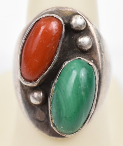 Rare Old Pawn Navajo Sterling 925 Malachite & Oxblood Coral Ring Sz 8-1/2 15.7 g - Picture 1 of 7