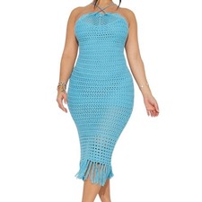 NWT Fashion Nova Jazmin Crotchet Turquoise Blue Halter Bodycon Maxi Midi Dress