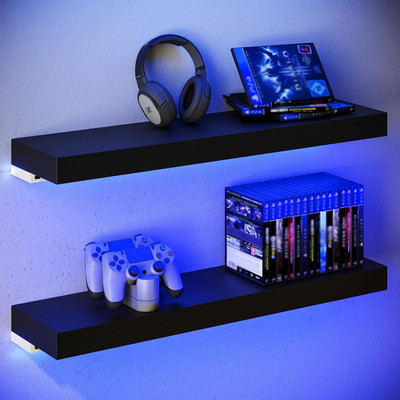 LED Floating Shelves with RGB Light - Set of 2 Wall Mounted Storage Shelves