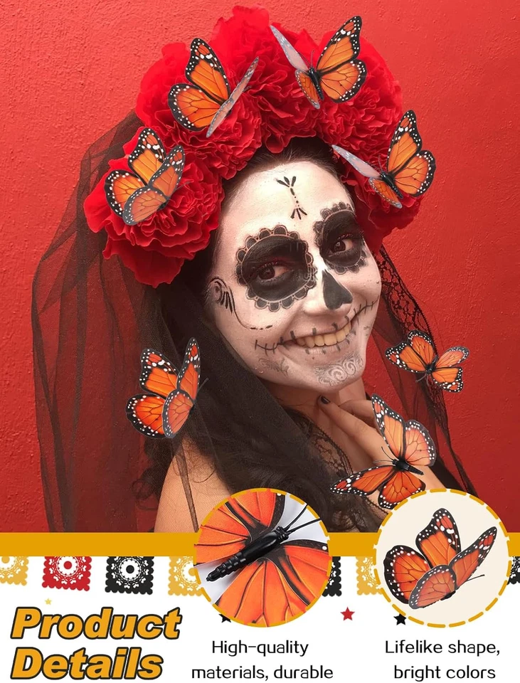 Decoraciones Mariposa Monarca Día de Muertos, 12 Piezas Halloween Naranja Artificia Foto 2 de 4