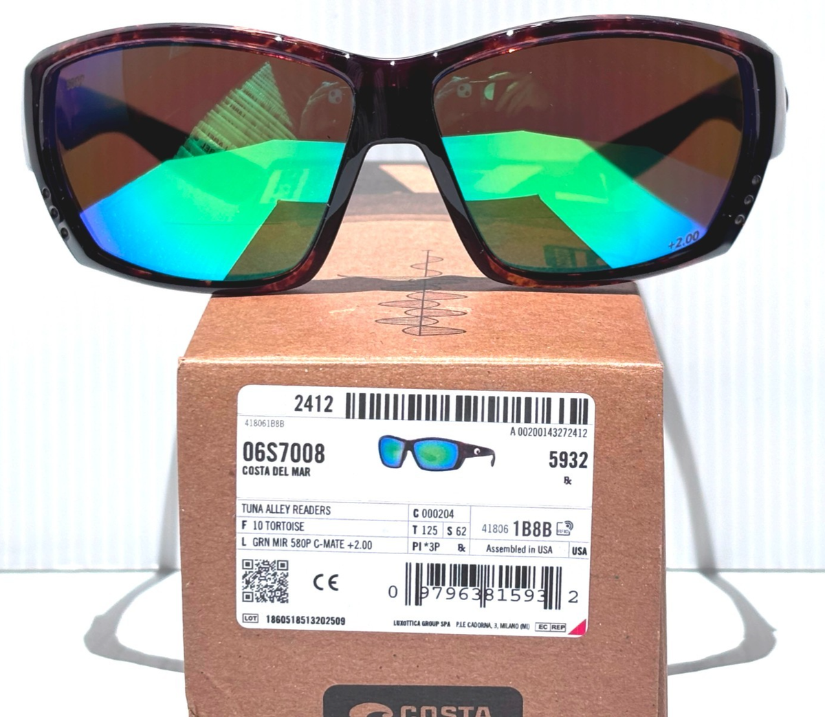 Costa TUNA ALLEY READER +2.00 Tortoise POLARIZED Green 580P Lens