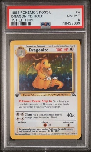 1999 Pokemon Fossil 1st Edition Dragonite Holo #4 | PSA 8 NM-MT