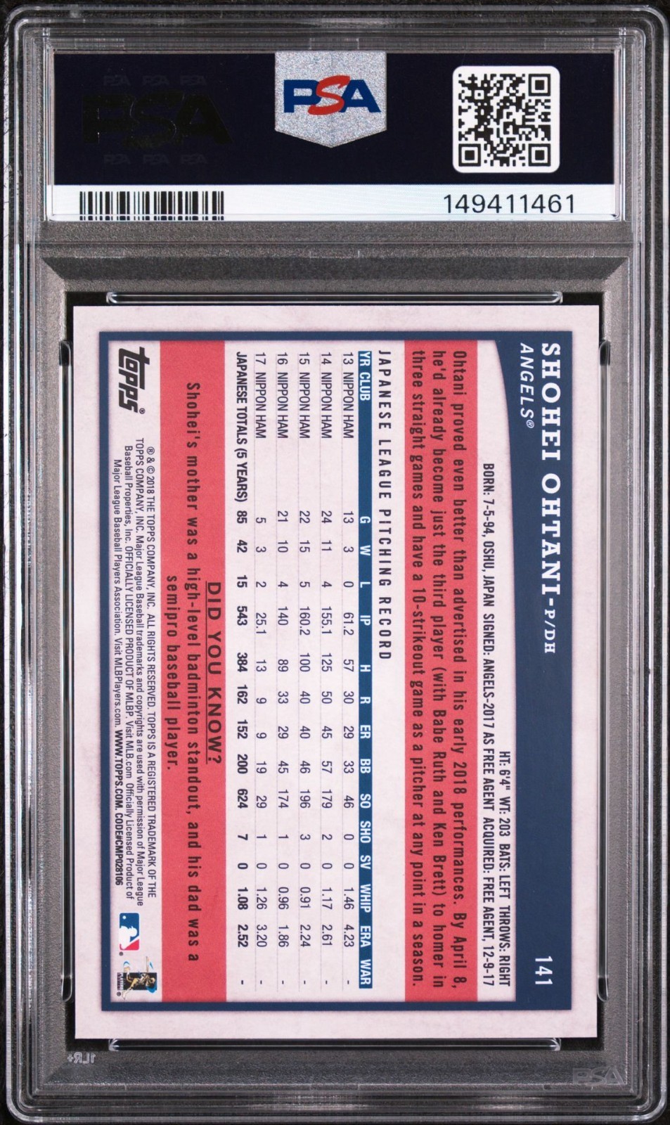 2018 Topps Big League - Shohei Ohtani #141 PSA 10 Rookie RC Angels view 2