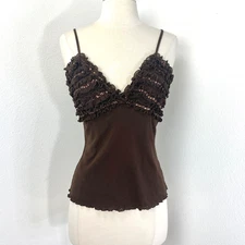 Y2K Wet Seal Brown Knit Baby Doll Tank Top Large Ruffles Sequins Boho Festival
