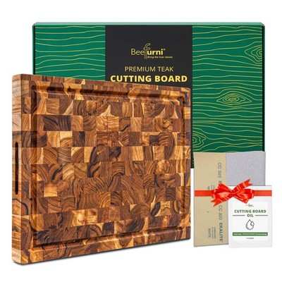 BEEFURNI Teak Wood End Grain Cutting 18''L x 14''W, Juice Groove 