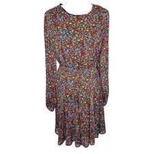 Tommy Hilfiger Black Bright Floral Print Long Sleeve Midi Dress Modest Wms 12