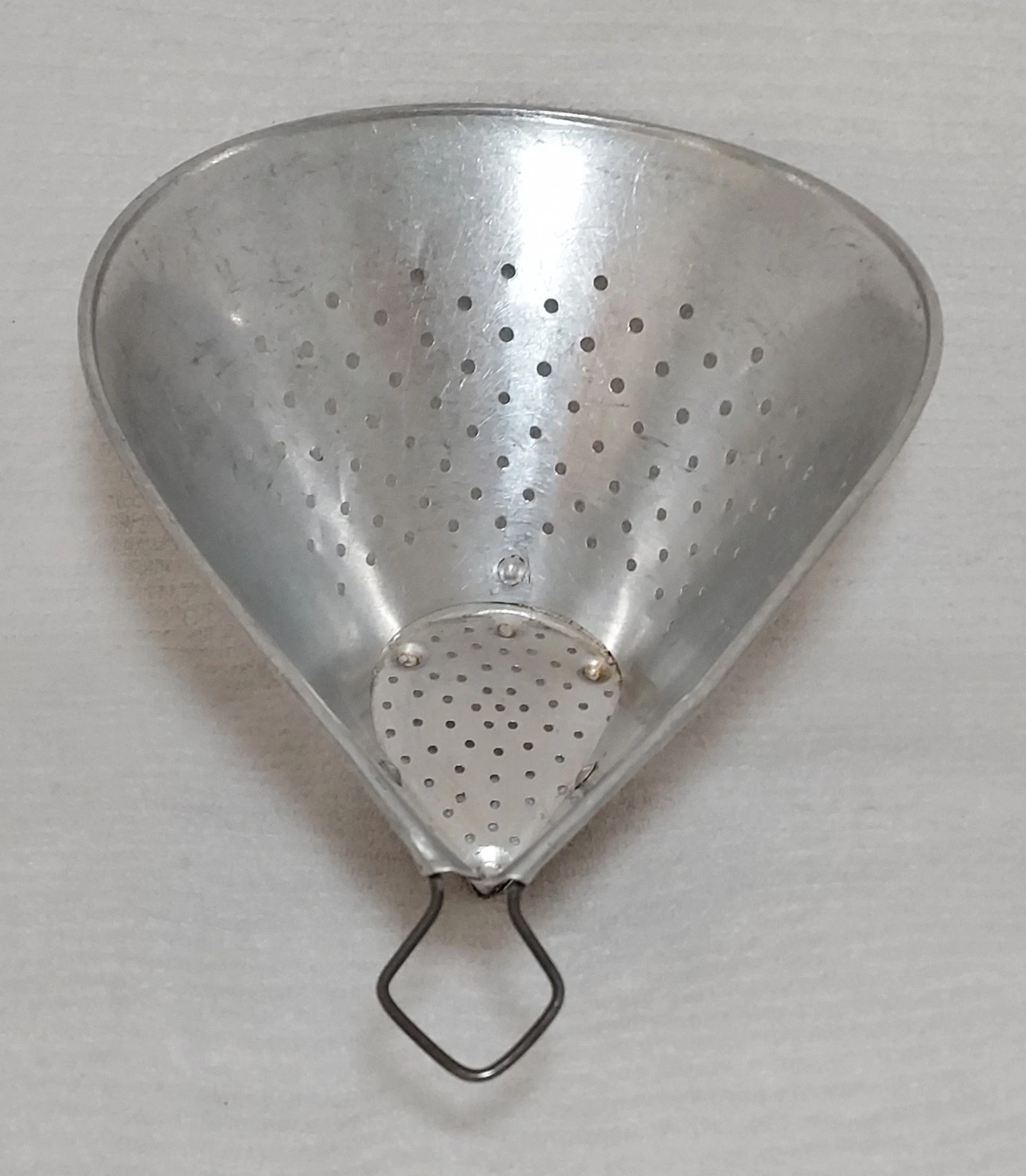 Vintage Teardrop Metal Colander Strainer Ovoid Hang Loop Riveted Base