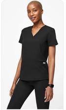 FIGS Women's Black Solid Casma Medical Scrub Top Short Sleeve V-Neck
