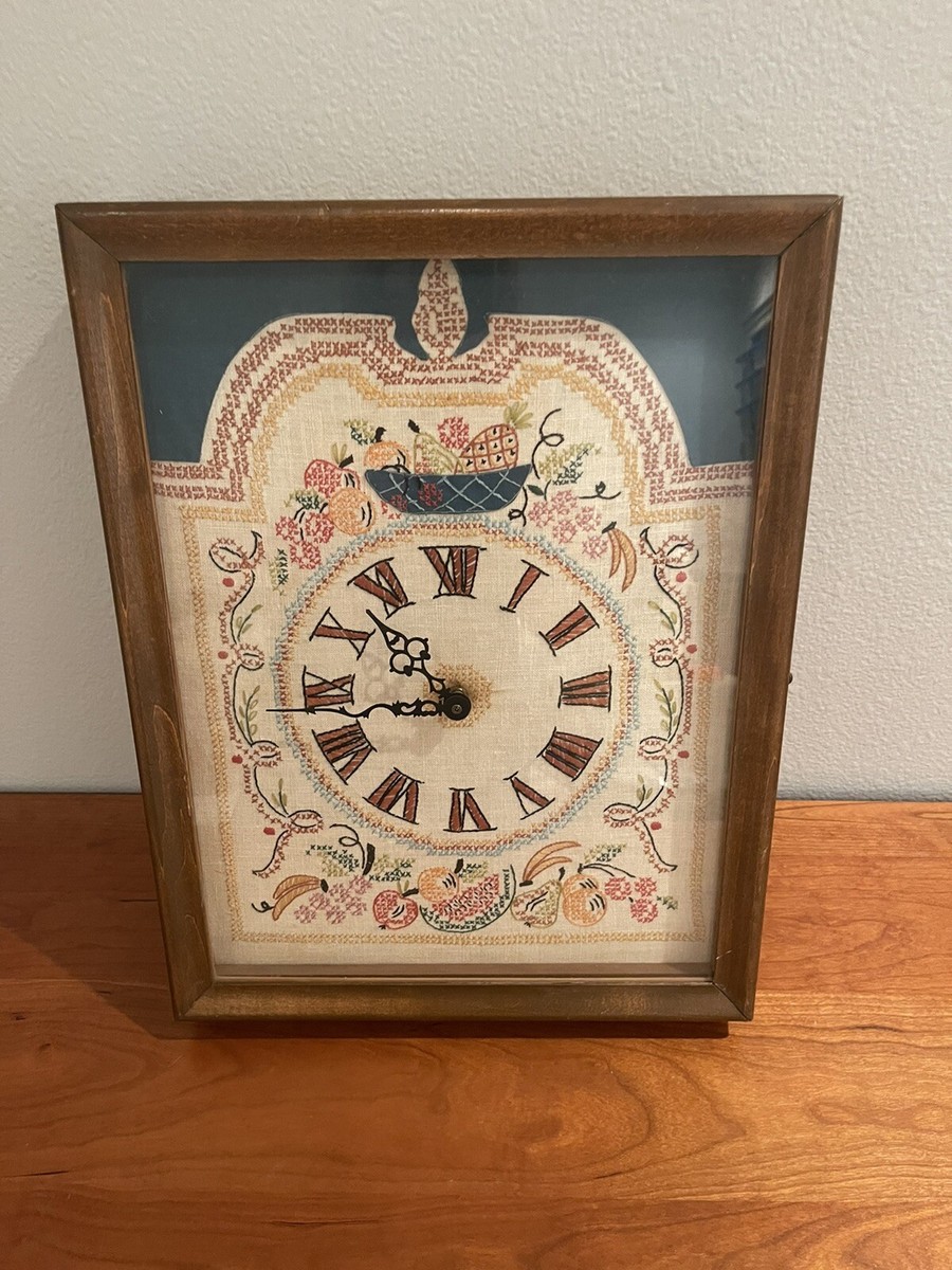 Americana hand embroidered needlepoint wall clock, 18 x 13.5