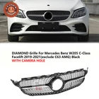 Fit For W205 C-CLASS 2019-2021 Front Diamond Grille Black With Camera Hole
