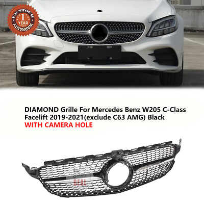 Fit For W205 C-CLASS 2019-2021 Front Diamond Grille Black With Camera Hole