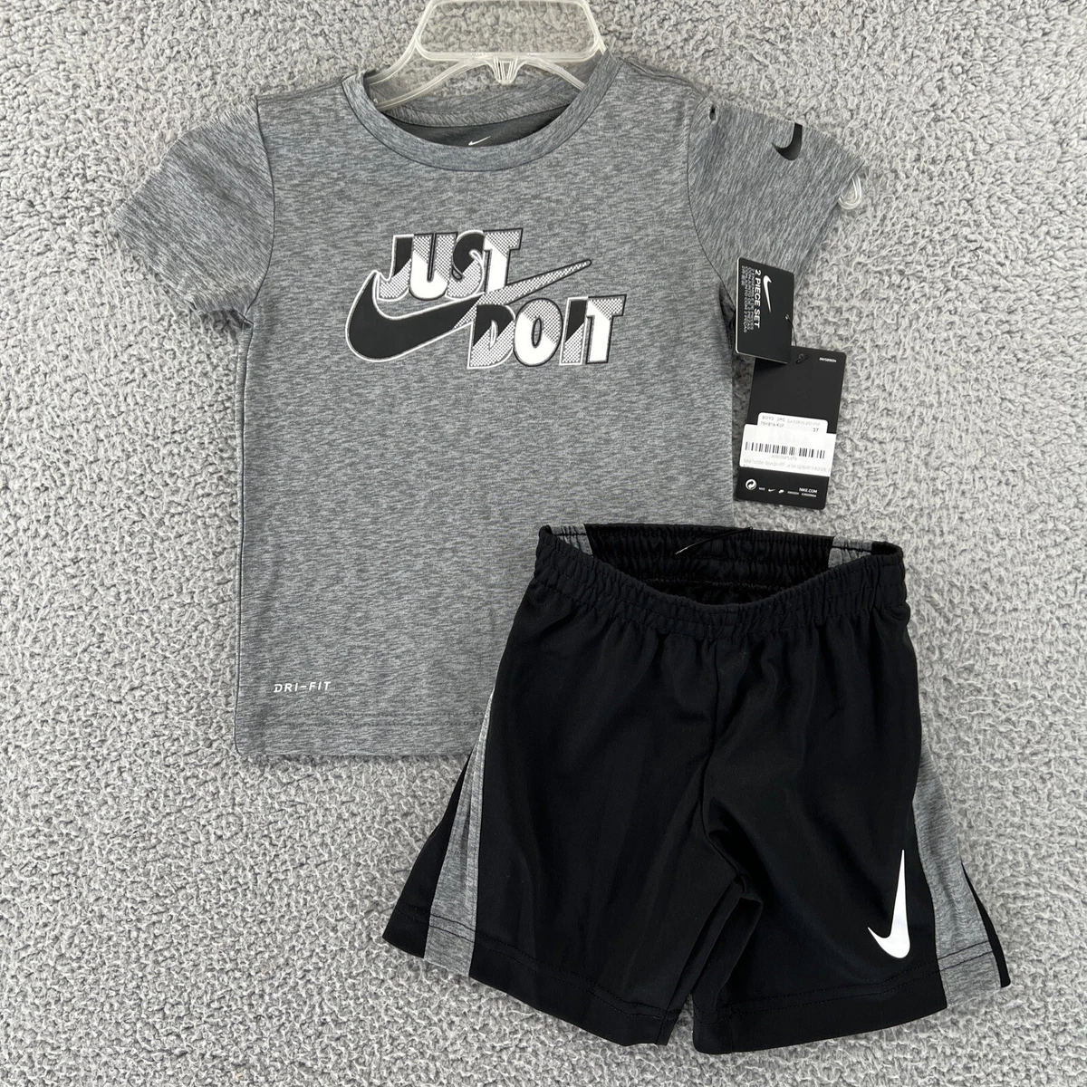 Nike 2 Pc T Shirt Shorts DRI FIT Outfit Set Boys 3T Blacksmike Gray Hthr NWT