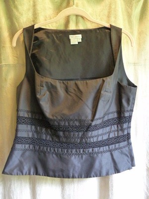 WORTH Tank Top Silk Black Fitted Lace Trim Lined Size 8 Twisted Straps 