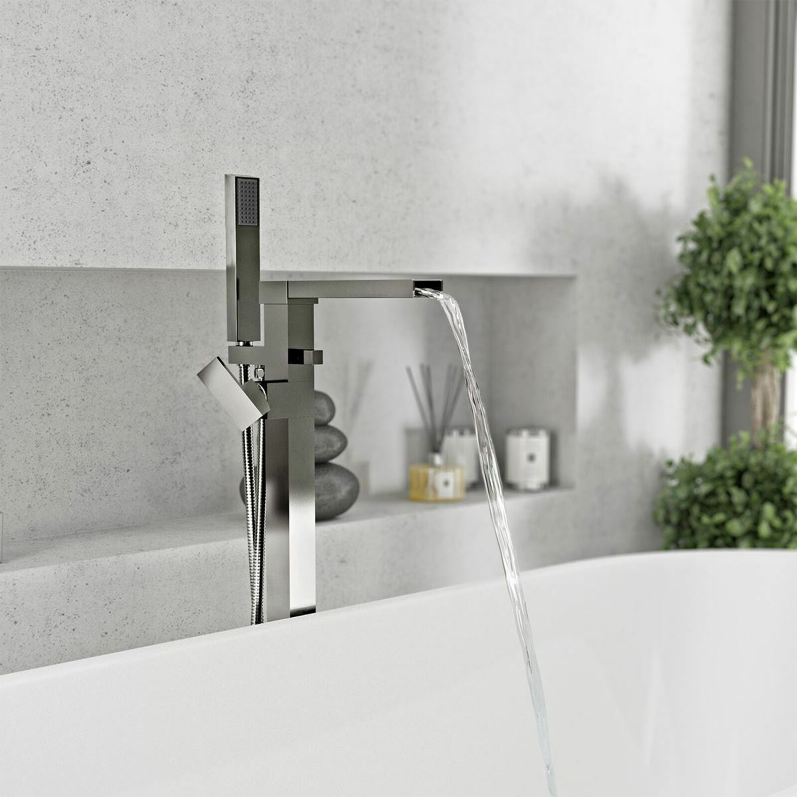 Freestanding Waterfall Floor Mounted Bath Shower Mixer Tap Square