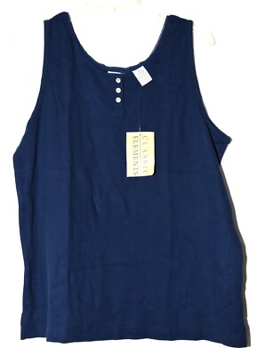 Classic Elements Navy Blue Cotton Crochet Neck Button Tank Top Size L USA NWT