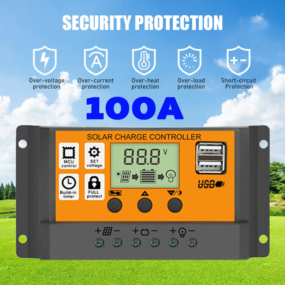 12/24V 100A PWM Solar Charge Controller Panel Battery Regulator Inverter USB