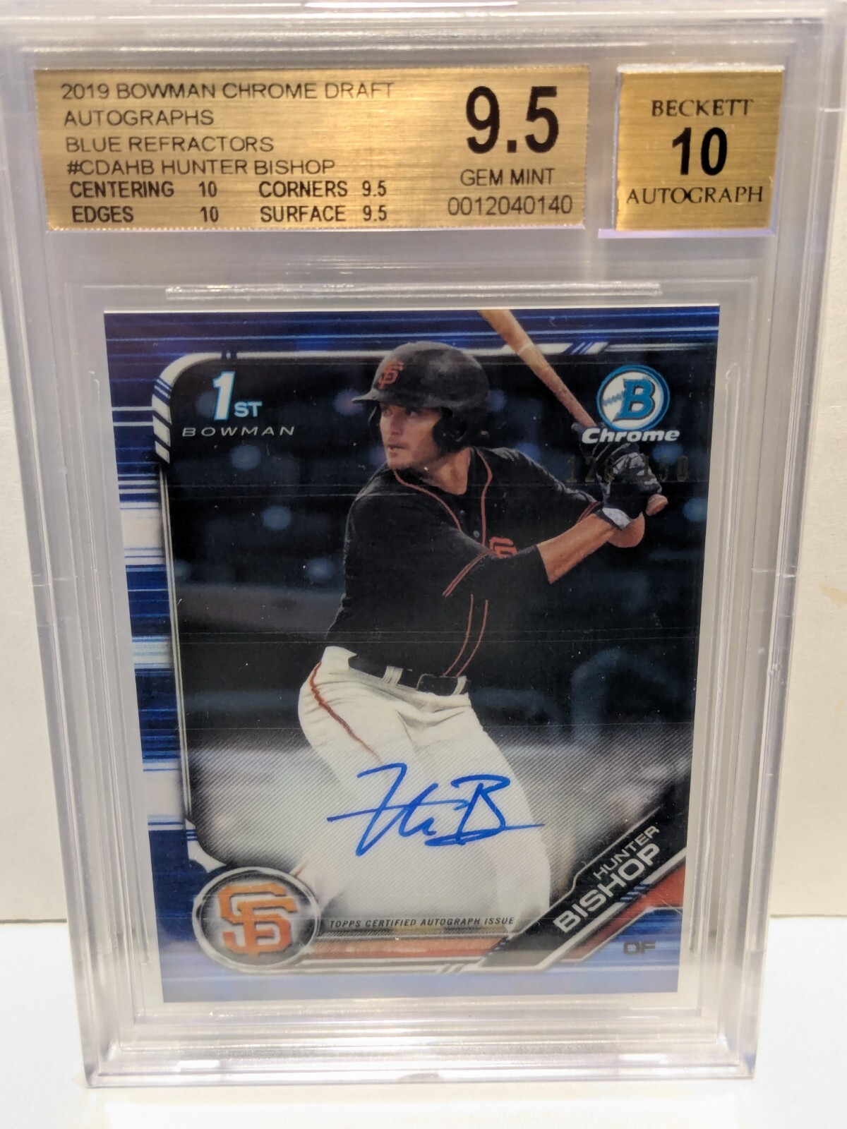 2019 Bowman Chrome Draft BLUE 1st AUTO Hunter Bishop #'d 126/150 - BGS 9.5/10!