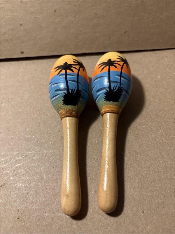 Tropical Palm Tree Wooden Maracas - Hand Painted Beach Sunset Design (Pair)
