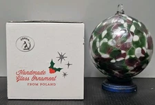 Zorza Hand Made Glass Ornament Green, White and Purple 3” From Poland w/ Box 