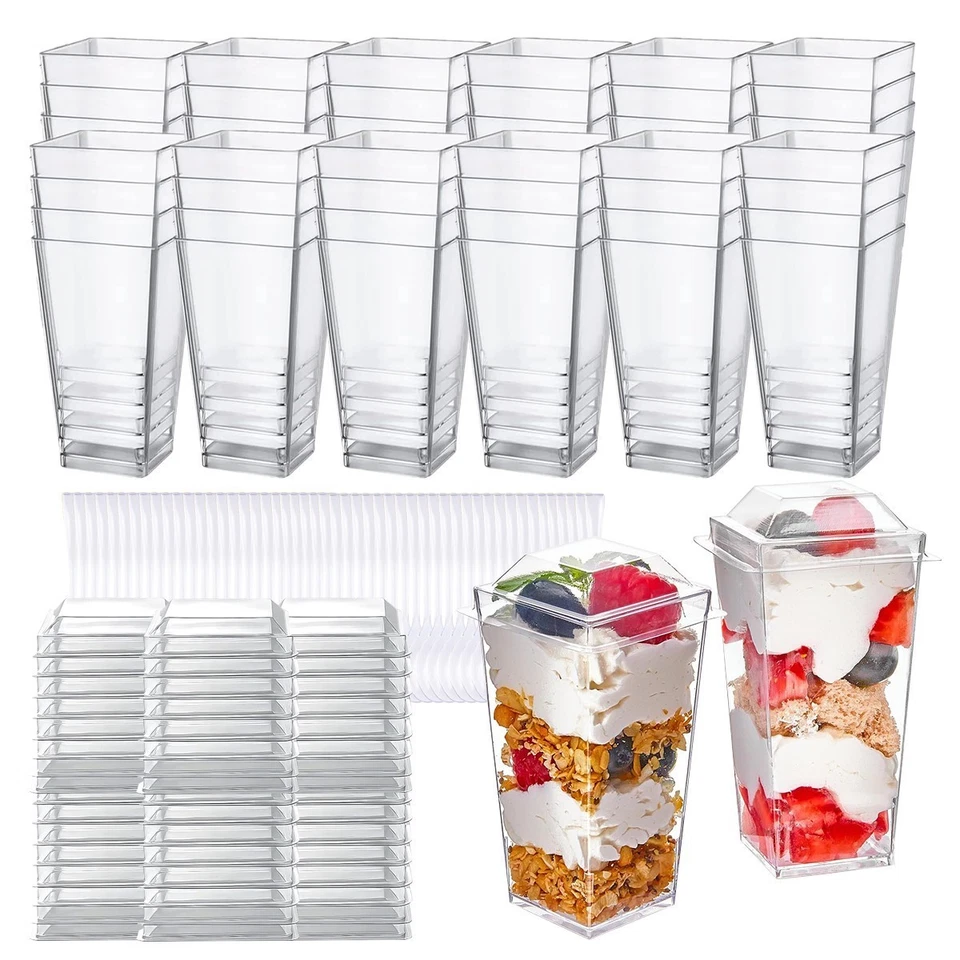 Paquete de 50 tazas de postre de plástico transparente con tapas y cucharas, cuadradas reutilizables Foto 4 de 4
