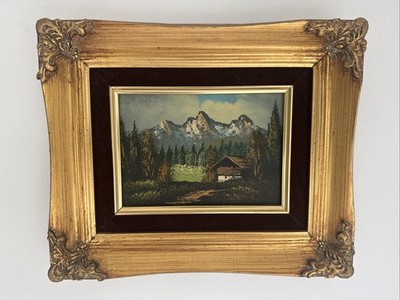 Vintage Landschaftsgemälde mit Alpenmotiv und Goldrahmen   Erbstück